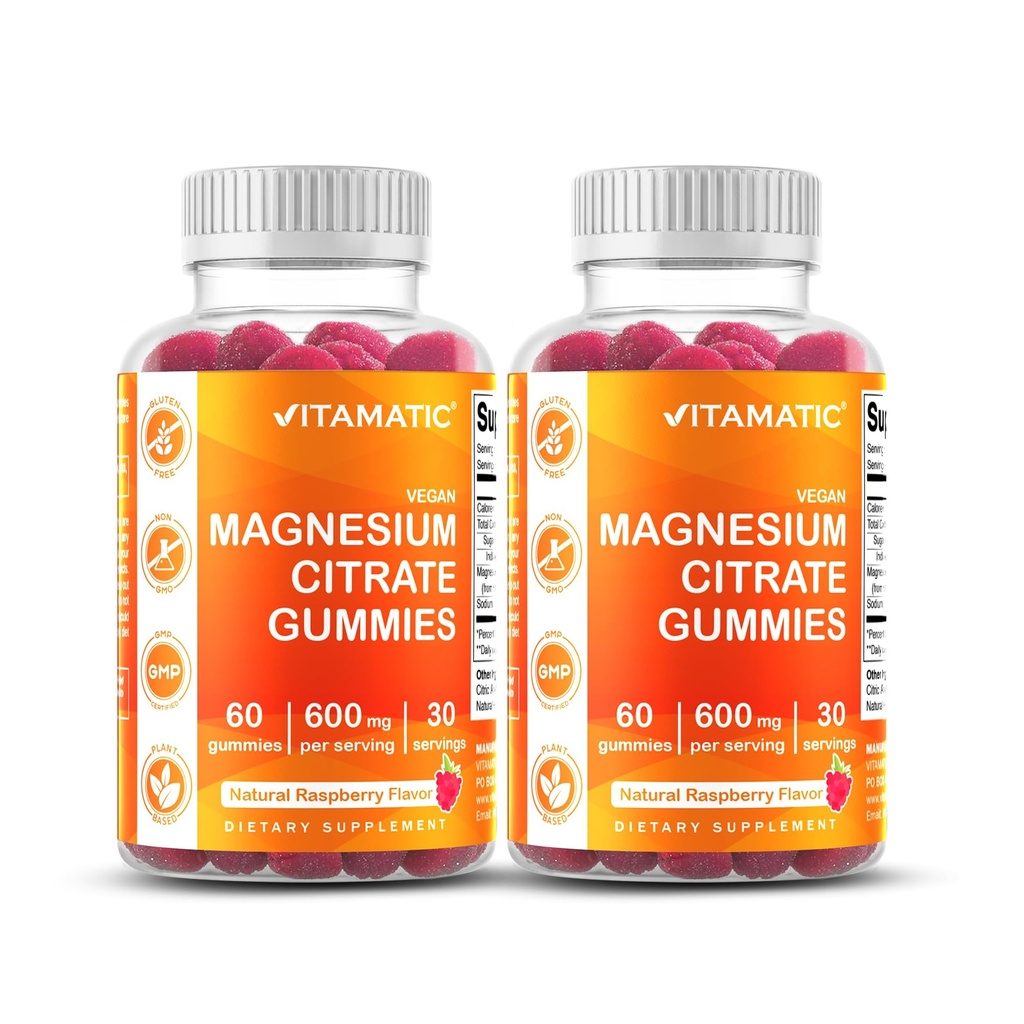 Vitamatic Magnesium Citrate Gummies 600mg per Serving - 60 Count - Προάγει την υγιή χαλάρωση, τους μυς, τα οστά, και την ενεργειακή υποστήριξη (πακέτο του 2)