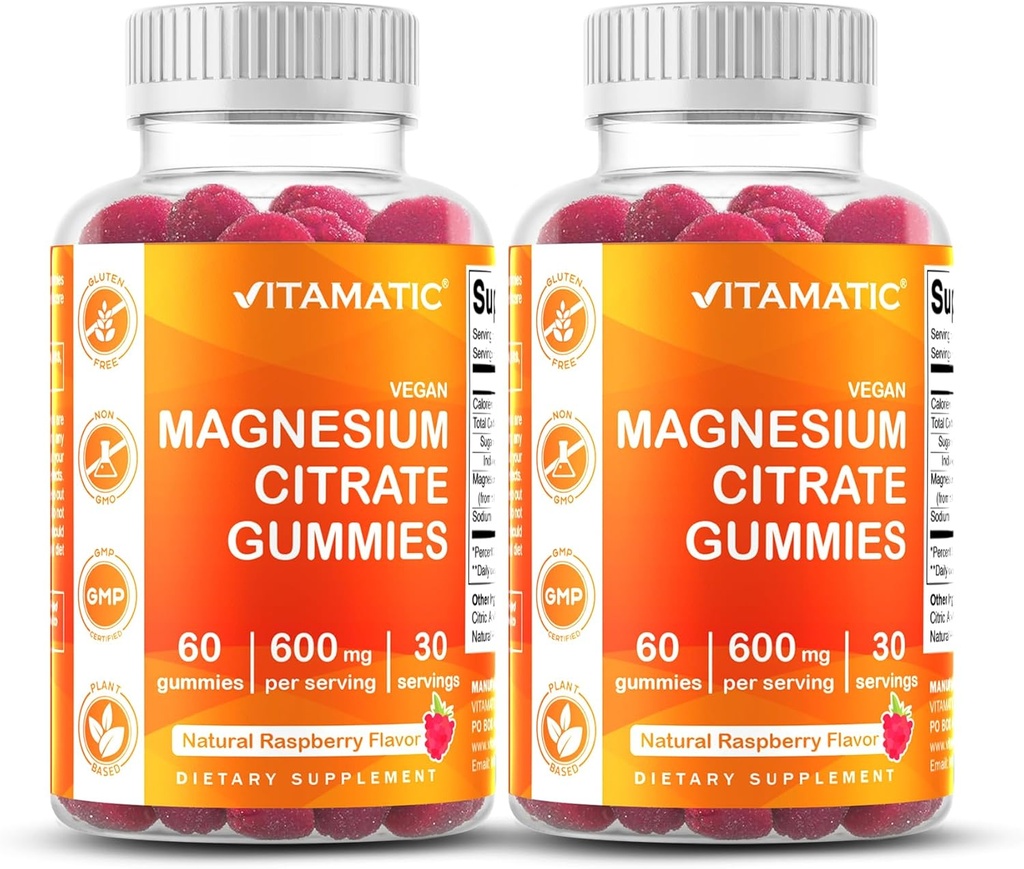 Vitamatic Magnesium Citrate Gummies 600mg per Serving - 60 Count - Προάγει την υγιή χαλάρωση, τους μυς, τα οστά, και την ενεργειακή υποστήριξη (πακέτο του 2)