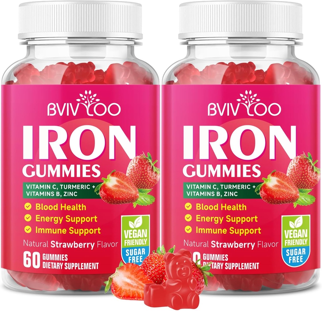 2 Pack Vegan Iron Gummies for Adults & Kids - with Vitamin C, A, B-Complex, Folate, Zinc, and Biotin - for Blood Building & Energy Support, 120 Gummies
