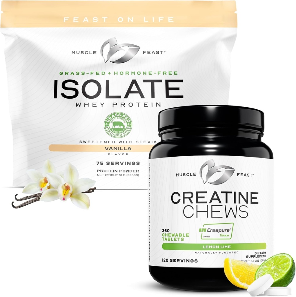 Muscle Feast Isolate + Creatine Candy Bundle: 1 Whey Protein Isolate (Vanilla, 5lb) + 1 Creatine Candy (Lemon Lime, 360) | Premium Supplements, Vegetarian, Gluten Free