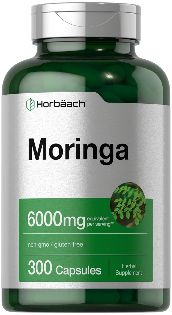 Horbäach Moringa Oleifera | 300 Powder Capsules | Complete Green Superfood | Non-GMO and Gluten Free Extract Formula