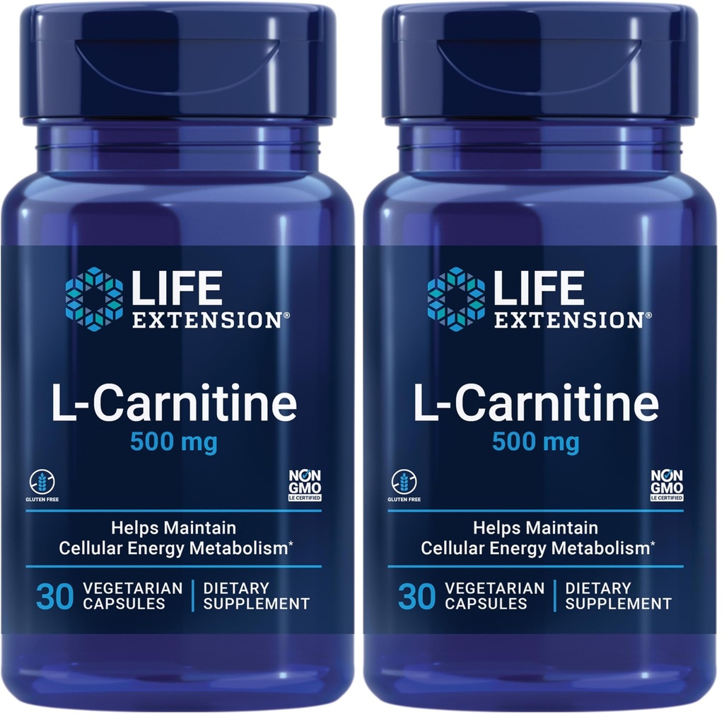 Life Extension L-Carnitine – 500 mg, Energy & Memory Supplement – Free Form Amino Acid, Nitric Oxide Support, Healthy Blood Pressure | Gluten-Free, Non-GMO, Vegetarian | 30 Capsules (Pack of 2)