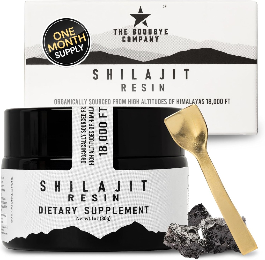 The Goodbye Company Pure Shilajit Resin – Organic with 85+ Trace Minerals and Pure Fulvic Acid; for Men and Women Energy Boost, Muscle Building, Stamina, Vitality Supplement 3-Months Supply