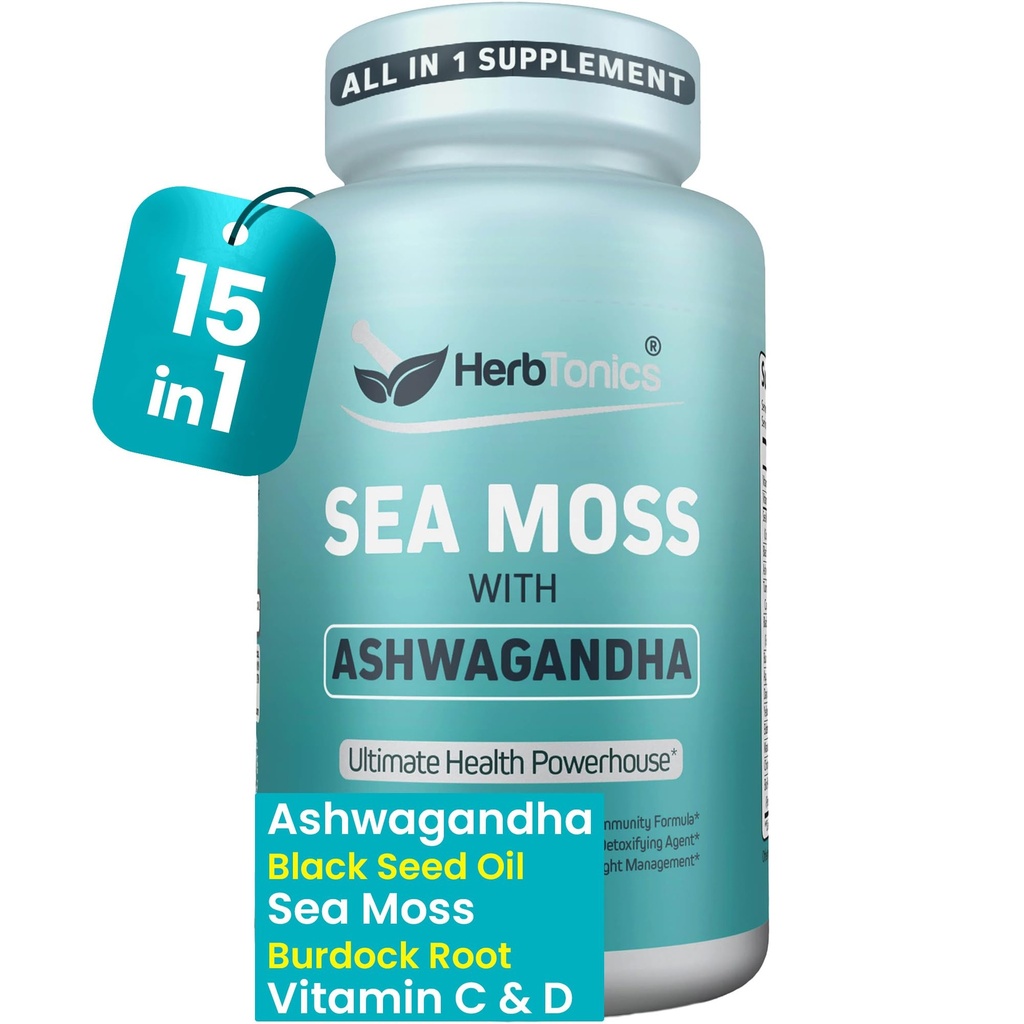 Herbtonics Sea Moss, Black Seed Oil, Ashwagandha, Burdock Root & ACV Complex 