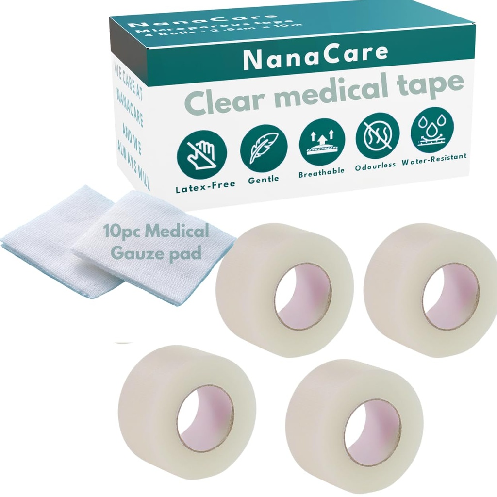 NanaCare Clear Medical Tape Waterproof, 4 Rolls - 1 inch x 10 yds | 4 Rolls - 1 inch x 10 yds & 10 pc Gauze Pads, Hypoallergenic Surgical Tape Skin Parent