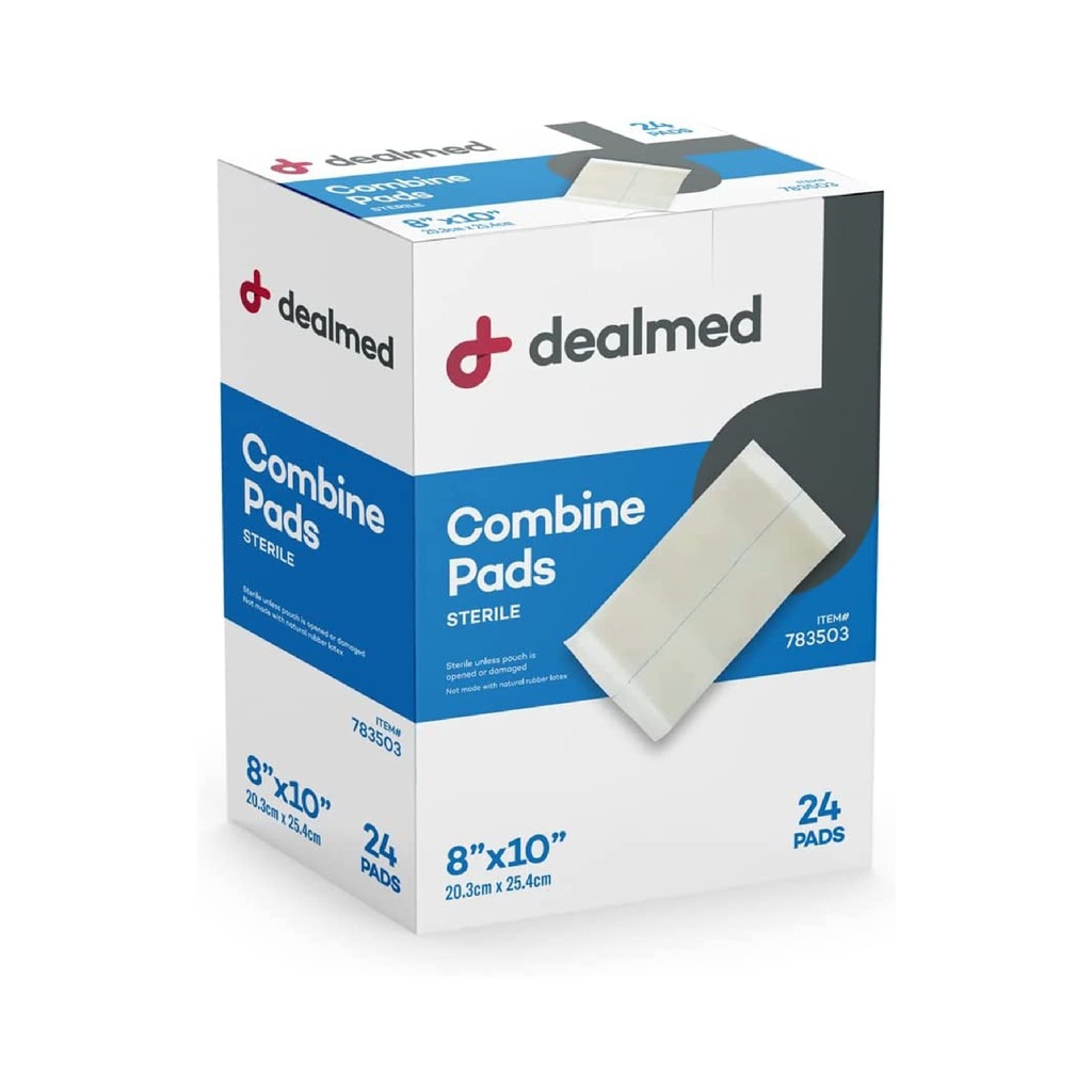 Dealmed Abdominal Combine Pads - Sterile 8 x 10 in - 24 Count | Cotton Fill, Non-Woven Outer Layer, Individually Wrapped, Sealed Edges, Heavy Drainage Care, Post-Op Recovery