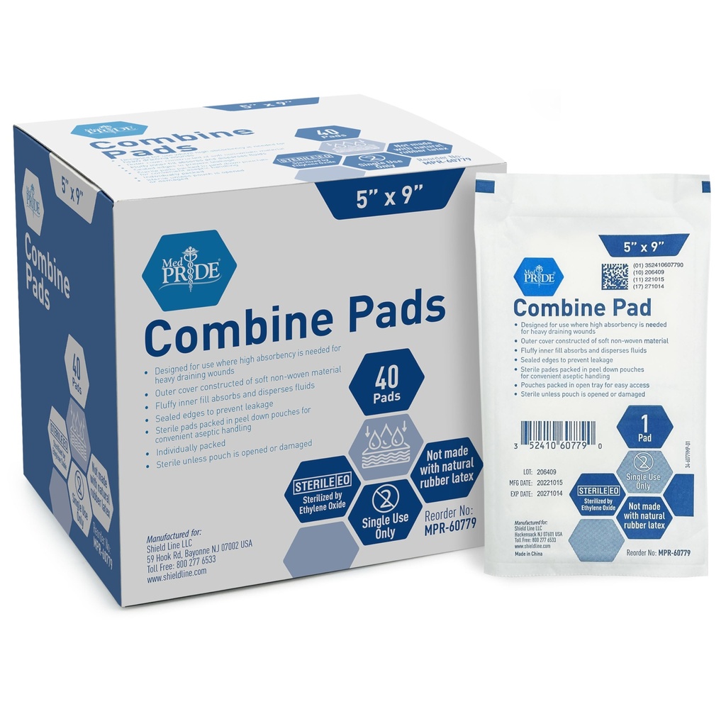 MED PRIDE Sterile ABD Combine Pads,5x9 in,Absorbent,Latex-Free,40-Count