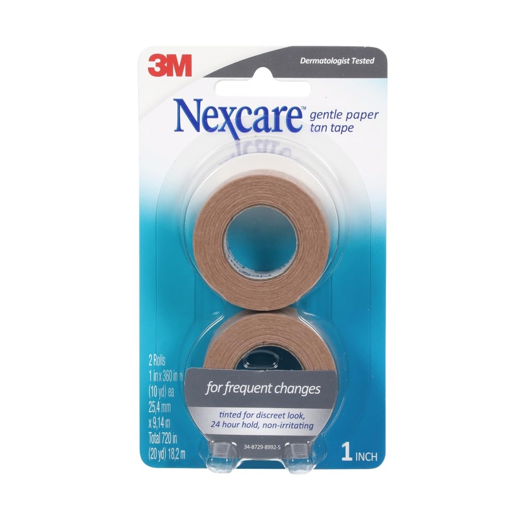 Nexcare Gentle Paper First Aid Tape T781-2PK, Tan, 1 in x 10 yds