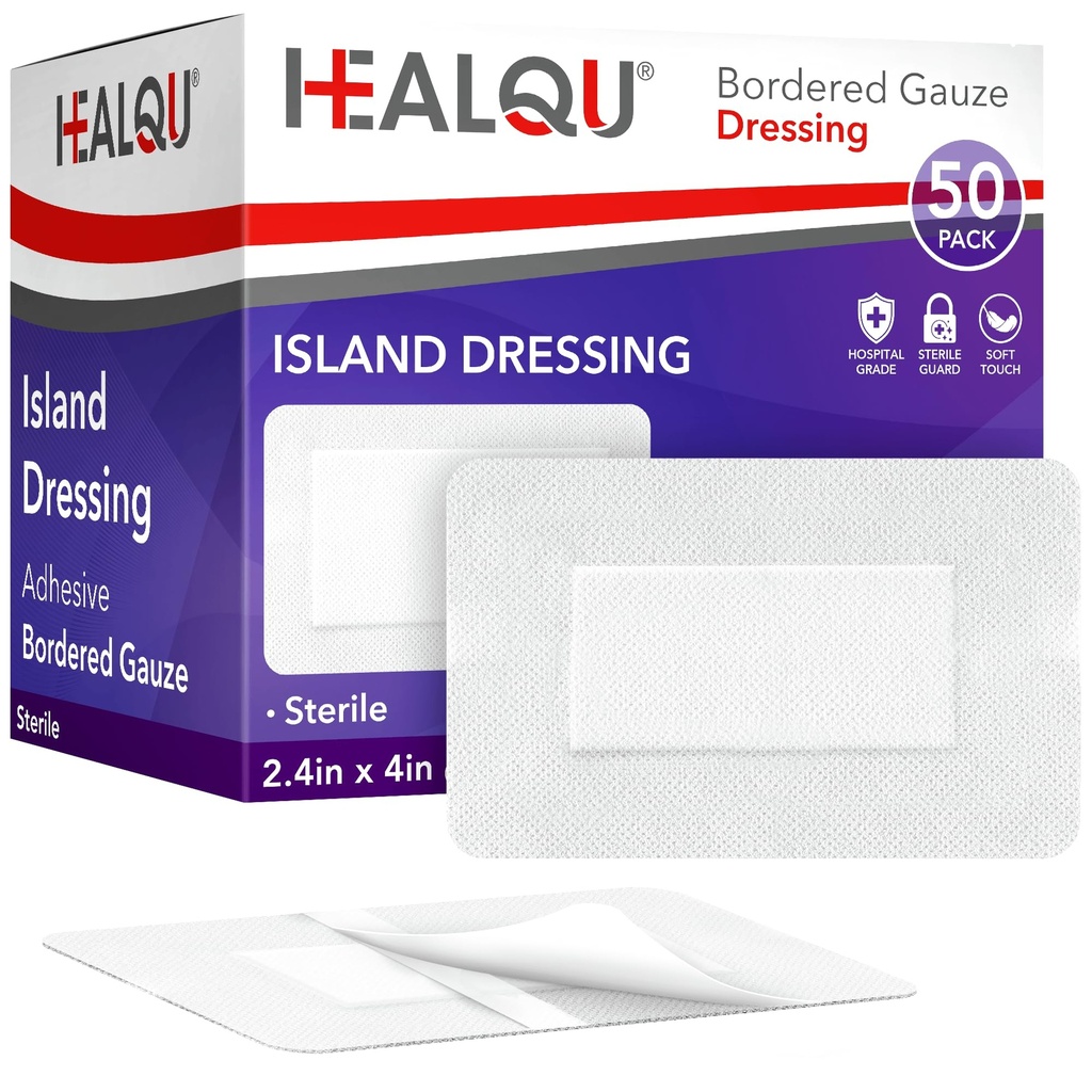 HEALQU Bordered Gauze Island Dressing - 50 Count, 2.4"x4" Sterile Individually Wrapped Gauze Pads with Water-Resistant, Non-Woven Backing - Soft and Breathable Wound Dressing for First Aid & Medical
