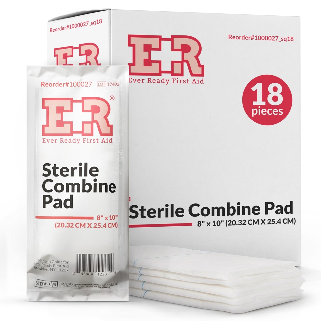 Sterile Combine (ABD) Pads 8" x 10" – Highly Absorbent Design for Large Wounds, Individually Wrapped for Easy Use, Ideal for First Aid Kits – 18 Count
