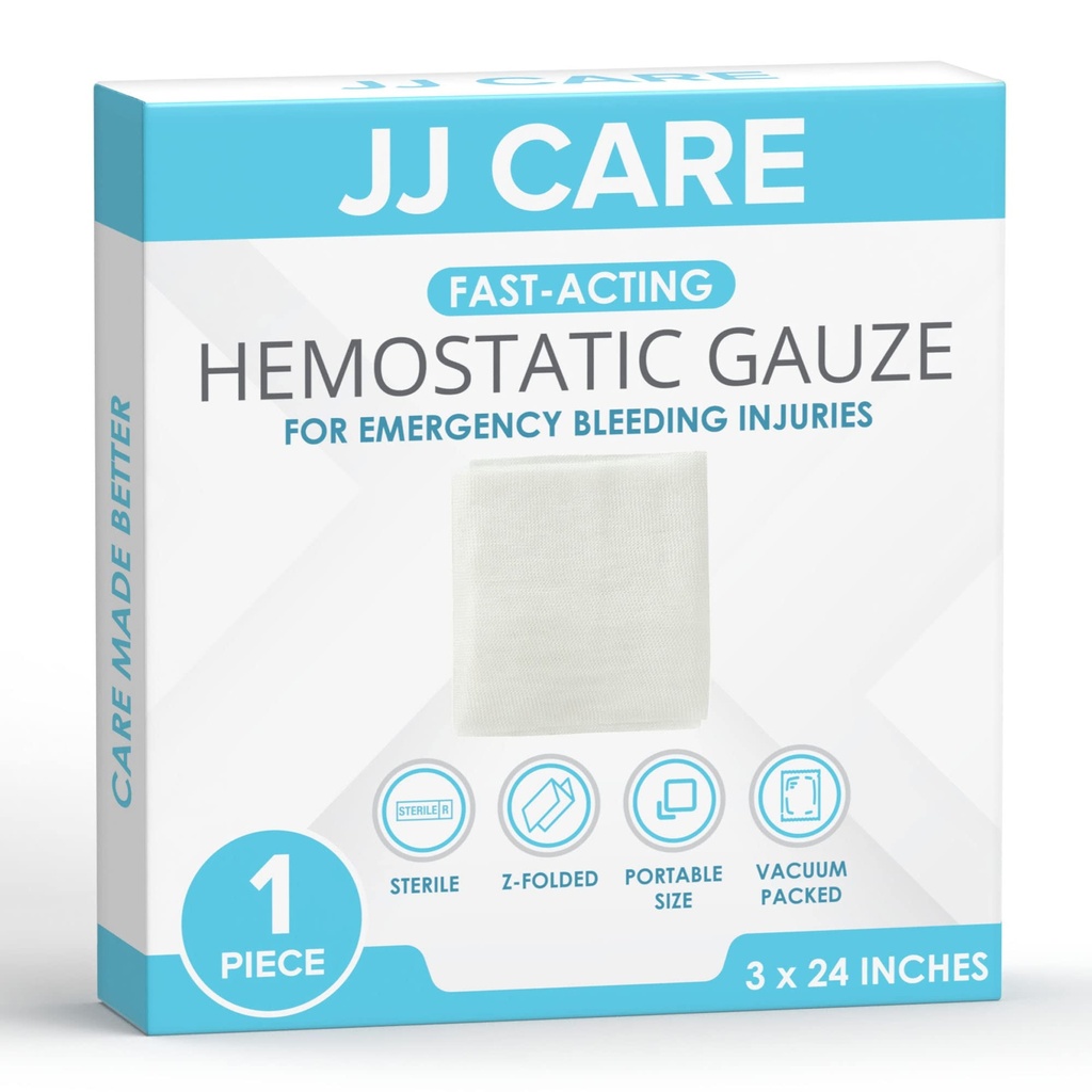JJ CARE Z Folded Hemostatic Gauze (Pack of 1), 3"x24" Quick Clotting Combat Gauze, Hemostatic Dressing for Emergency Trauma, Immediate Hemostasis Clotting Bandage for Emergency Kits