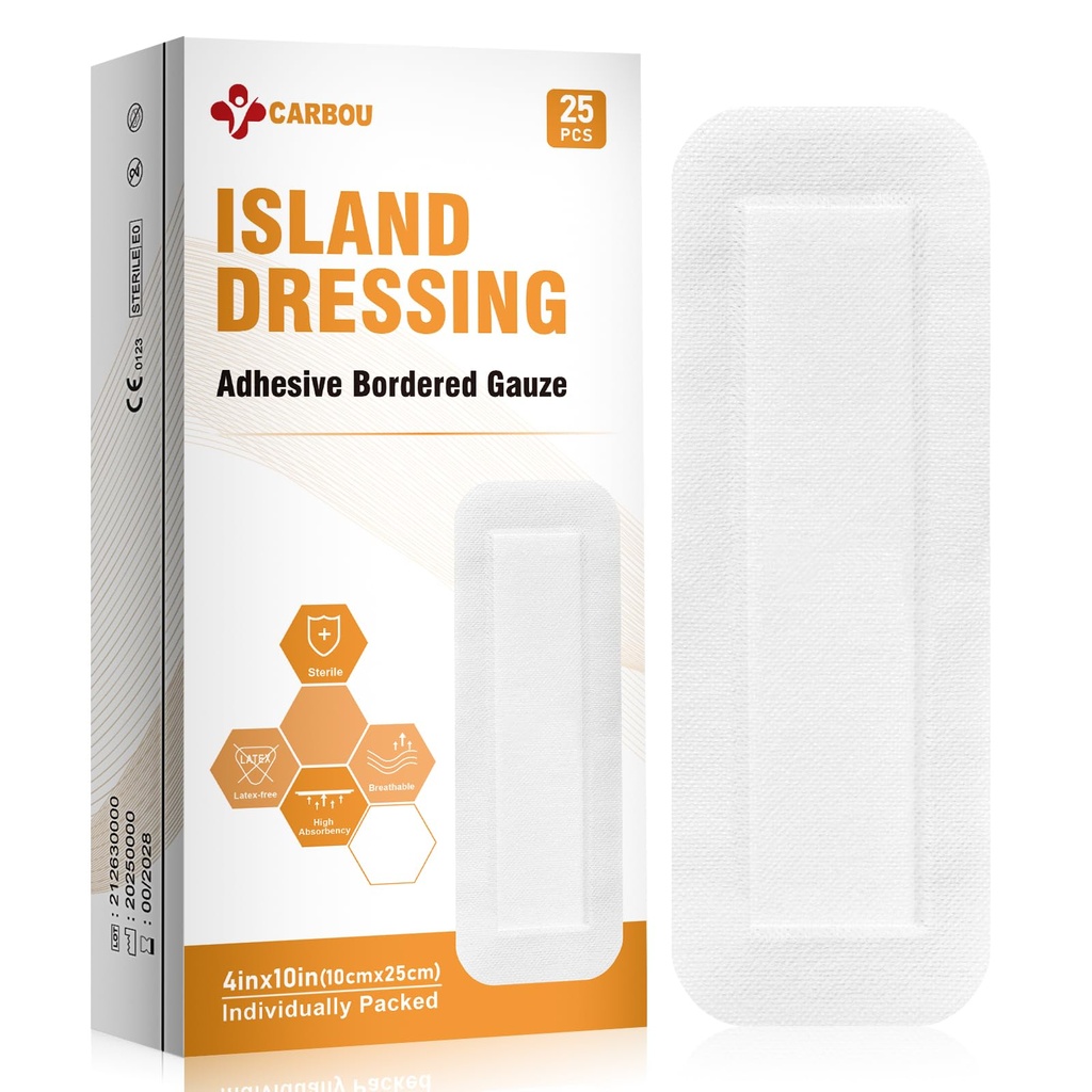 Carbou Island Dressing Bordered Gauze 4"x10" - 25 Sterile Individually Wrapped Pads | Non-Stick Center with Water-Resistant Adhesive Border | Medical Grade Non-Woven Backing for Wound Care & First Aid