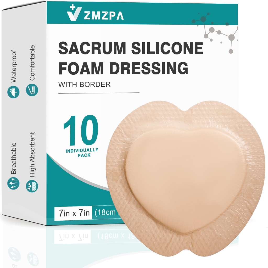 Sacral Foam Dressing, Sacrum Silicone Foam Dressing with Border, 7x7 Large Bandage for Bed Sores On Buttocks, Super Absorbent Pressure Sore Prevention Pads, Waterproof & Breathable Wound Dressing (10)