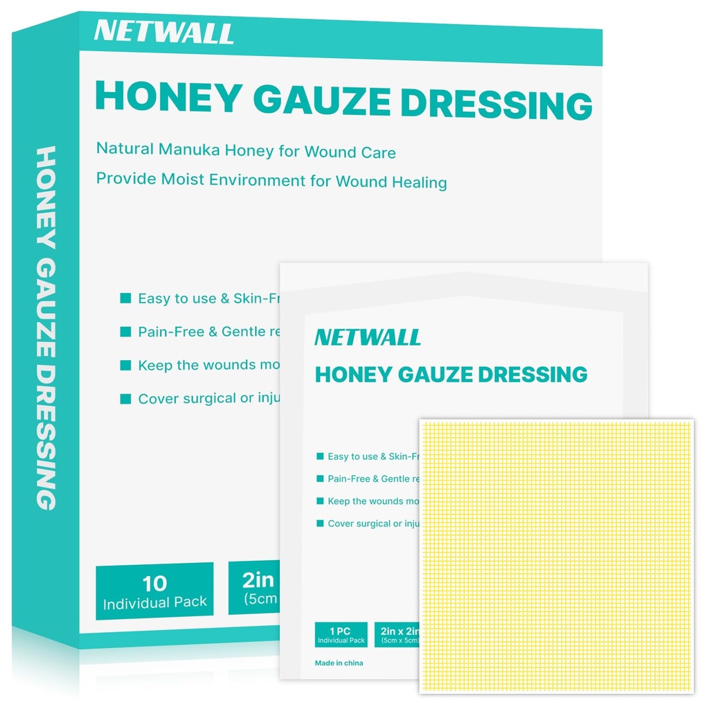 Manuka Honey Wound Dressing 2" x 2" Nonstick Gauze Pads, Sterile Medical Grade Manuka Honey for Wound Care, Honey Patch Wound Repair for Burns, Abrasions, Cuts and Scalds (Individually Pack of 10)