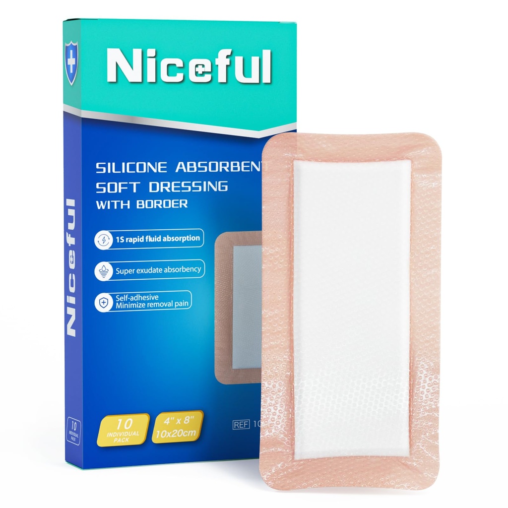 Niceful Silicone Super Absorbent Wound Dressing - 4"×8" Large Absorbant Bandages with Adhesive Borders, FSA HSA Eligible, Wound Care Dressings for Bed Sores Leg Ulcers | High Absorbency, Gentle Adhesive, Pain-Free Removal, for Heavy Exudate Bedsore, Surgical Incisions, Sensitive Skin
