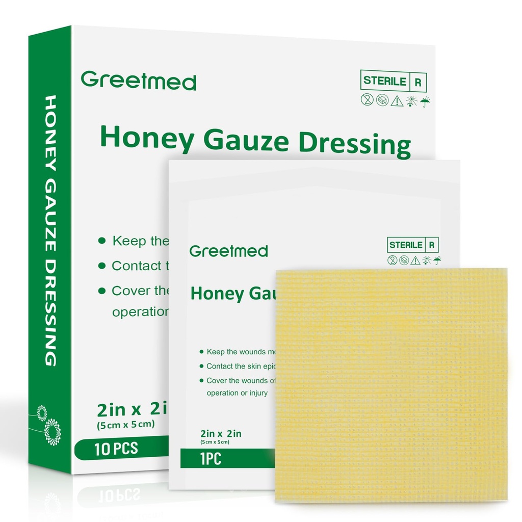 Greetmed Honey Gauze Dressing 2'' x 2'' Sterile Honey Wound Dressing, Medical Grade Manuka Honey Patches for Faster Wound Care | Burns | Traumatic Wounds and Laceration (Individually Pack of 10)