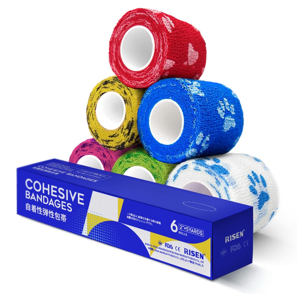 RISEN Cohesive Bandage 2” x 5 Yards, 6 Rolls, Self Adherent Wrap Medical Tape, Adhesive Flexible Breathable First Aid Gauze Ideal for Stretch Athletic