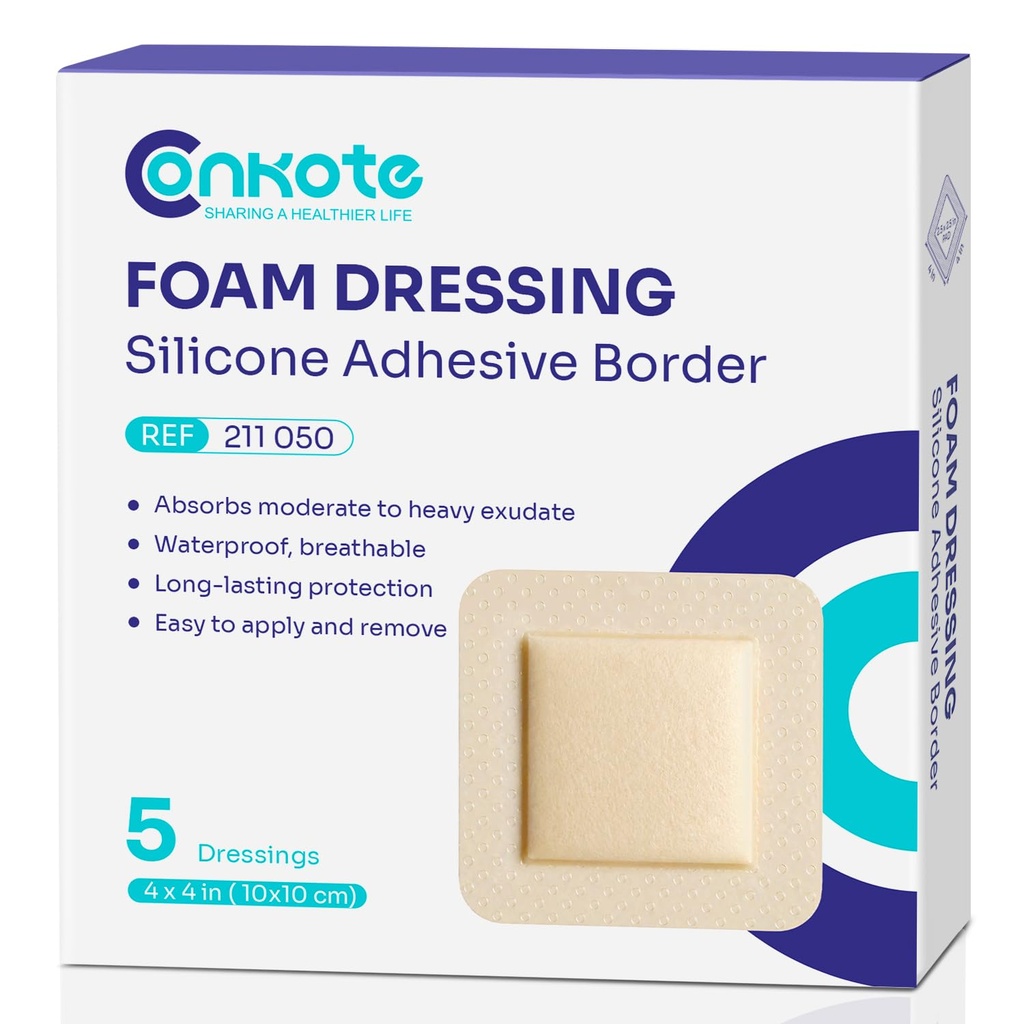 Conkote Silicone Foam Dressings 4'' X 4'', Large Bandages for Bedsores, Wound Care, Box of 5 Dressings