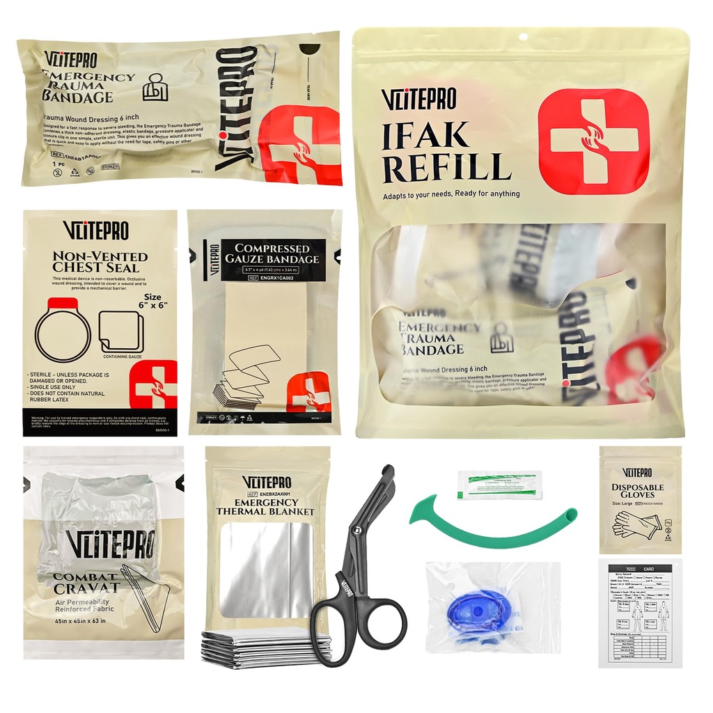 11Pcs IFAK Trauma Kit, First Aid Kit Refill Supplies with Non-Vented Chest Seal, 6" Emergency Trauma Bandage & Compressed Gauze, Tactical Trauma Medical Supplies for Combat Wound Care