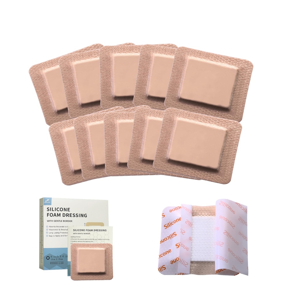 Silicone Foam Dressing with Adhesive Border – Non Stick Pads for Wounds – Pack of 10 – 3 x 3 Inches Large Waterproof Bandages for Sensitive Skin-Wound Care & Dressings