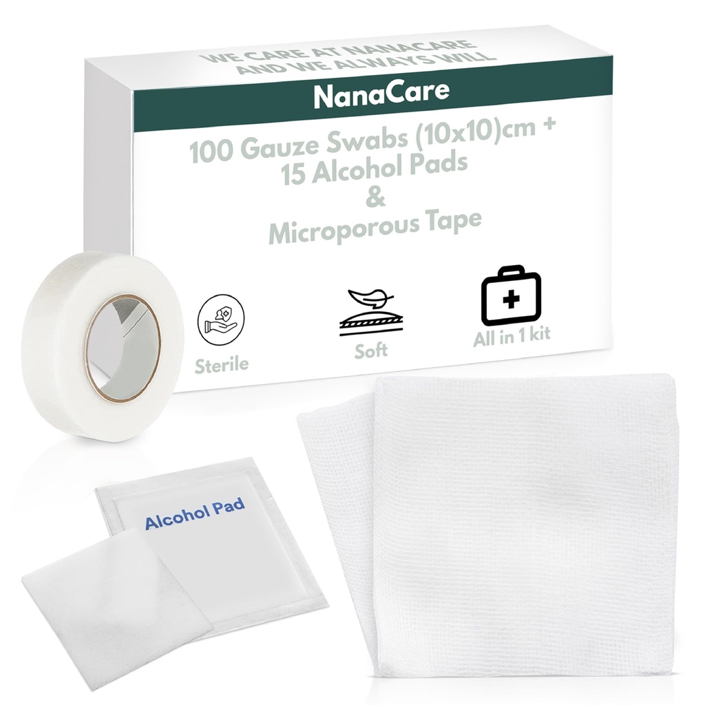 100pc 4x4 Non-Stick Gauze Pads w/Adhesive Medical Tape & 15 Alcohol Wipes | Sterile Pads, Hypoallergenic Highly Absorbent Non-Adherent Dressing Sponges for Effective Wound Care & First Aid Supplies