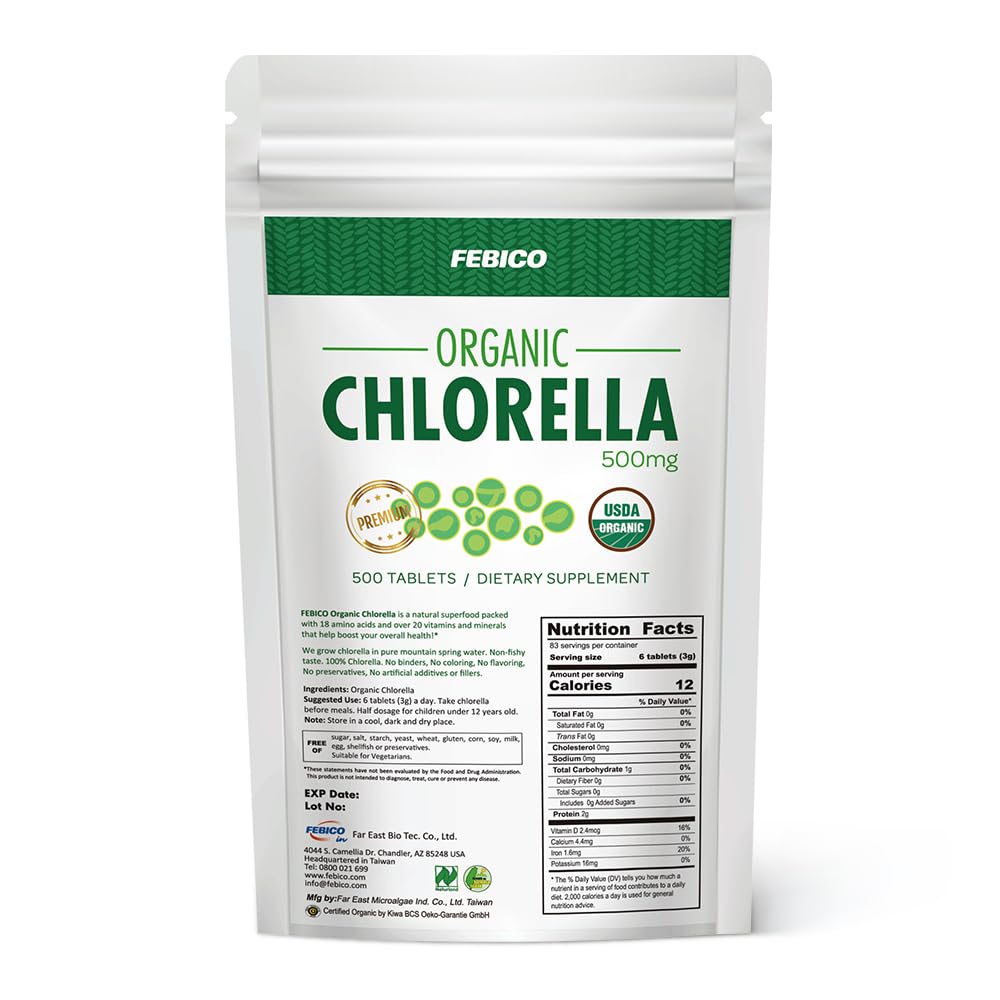 Chlorella Tablets 500mg, 500ct, 83 Days - USDA Organic, Vegan, Food,Non-GMO, Detox, Broken Cell Wall by Taiwan