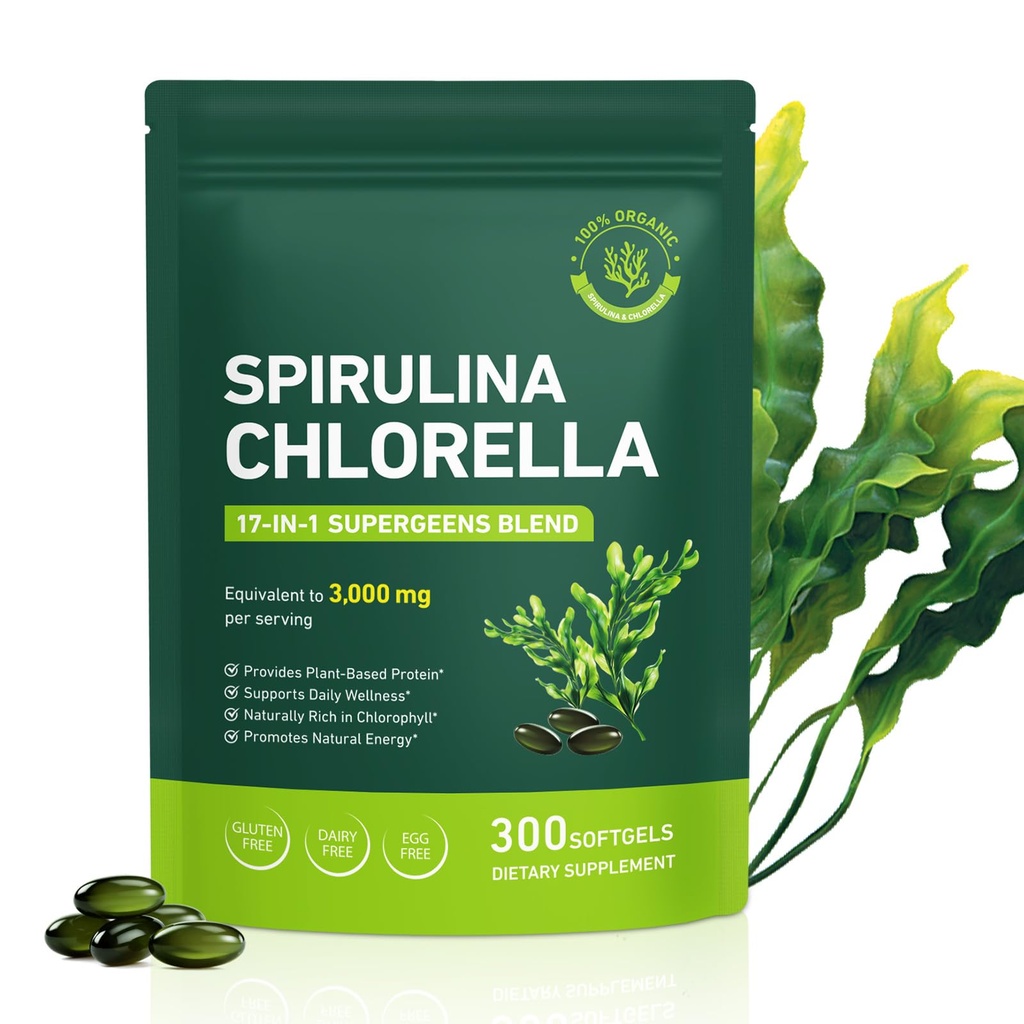 Organic Spirulina Chlorella Capsules,Non-GMO and Gluten Free Supplement,300 Softgels