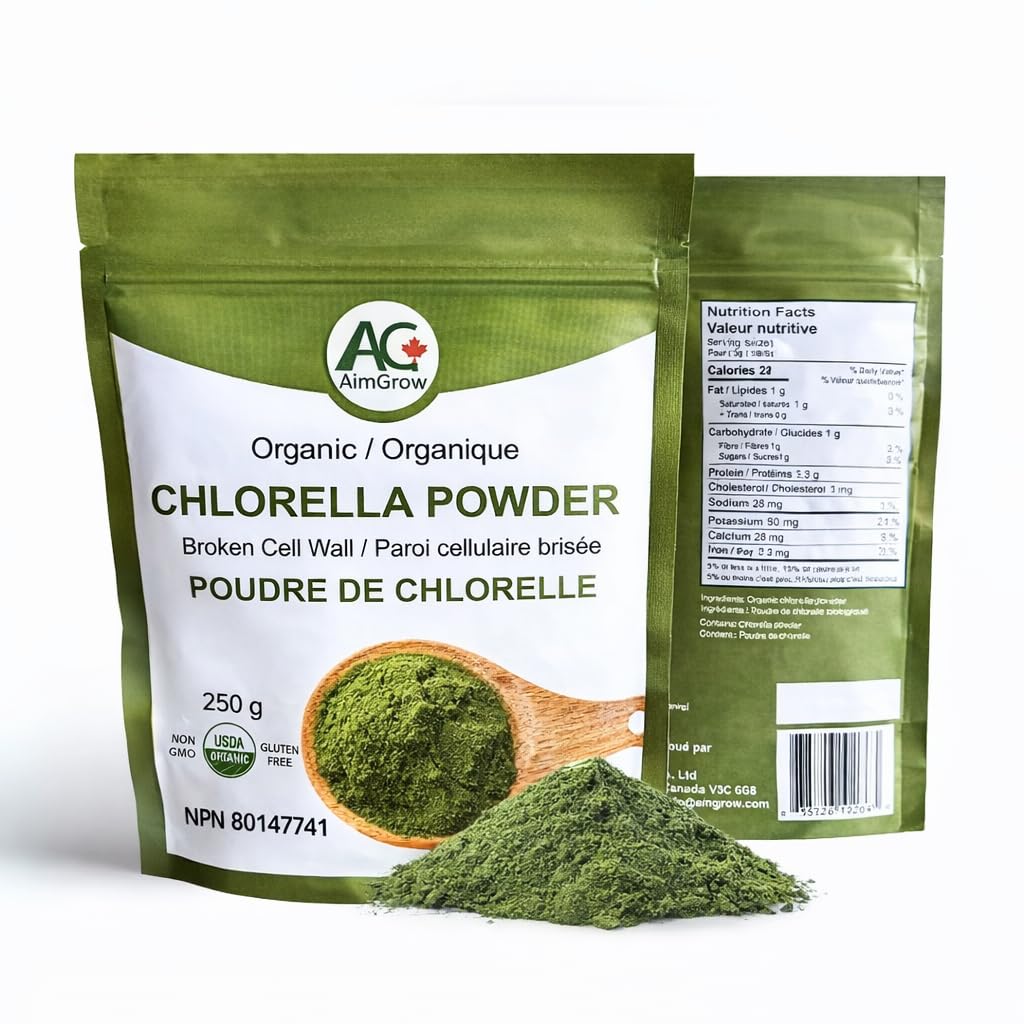 Organic Chlorella Powder, Broken Cell Wall Chlorella for Daily Detox & Wellness, Canada Organic, Vegan, Non-GMO, 250g