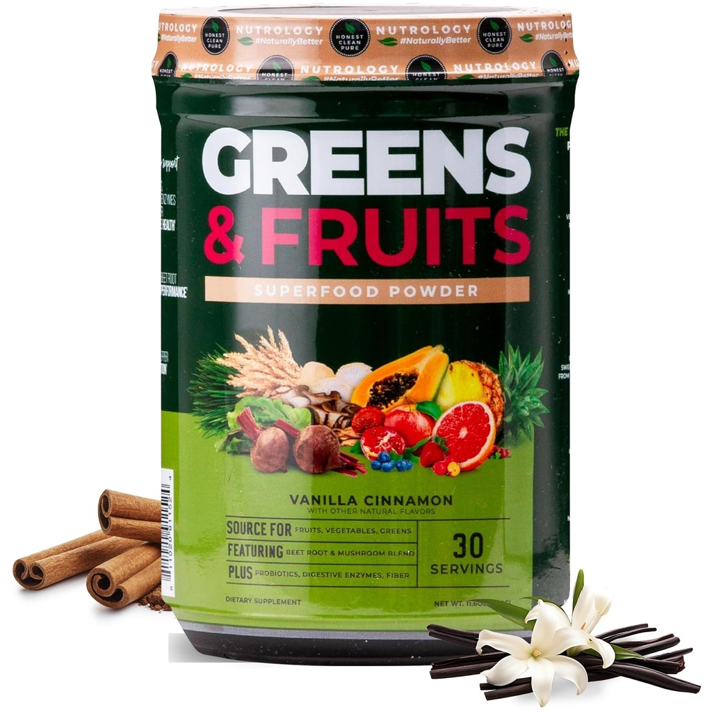 Nutrology Πράσινα & Φρούτα Σκόνη-φυσικά πηγάζει Superfood, Σκόνη τεύτλων, Mushroom Blend, Προβιοτικά, Digestive Ένζυμα, Ίνες, Αντιοξειδωτικά, Ανοσοποιητική Υποστήριξη, Χωρίς Γλουτένη - Βανίλια Κανέλα