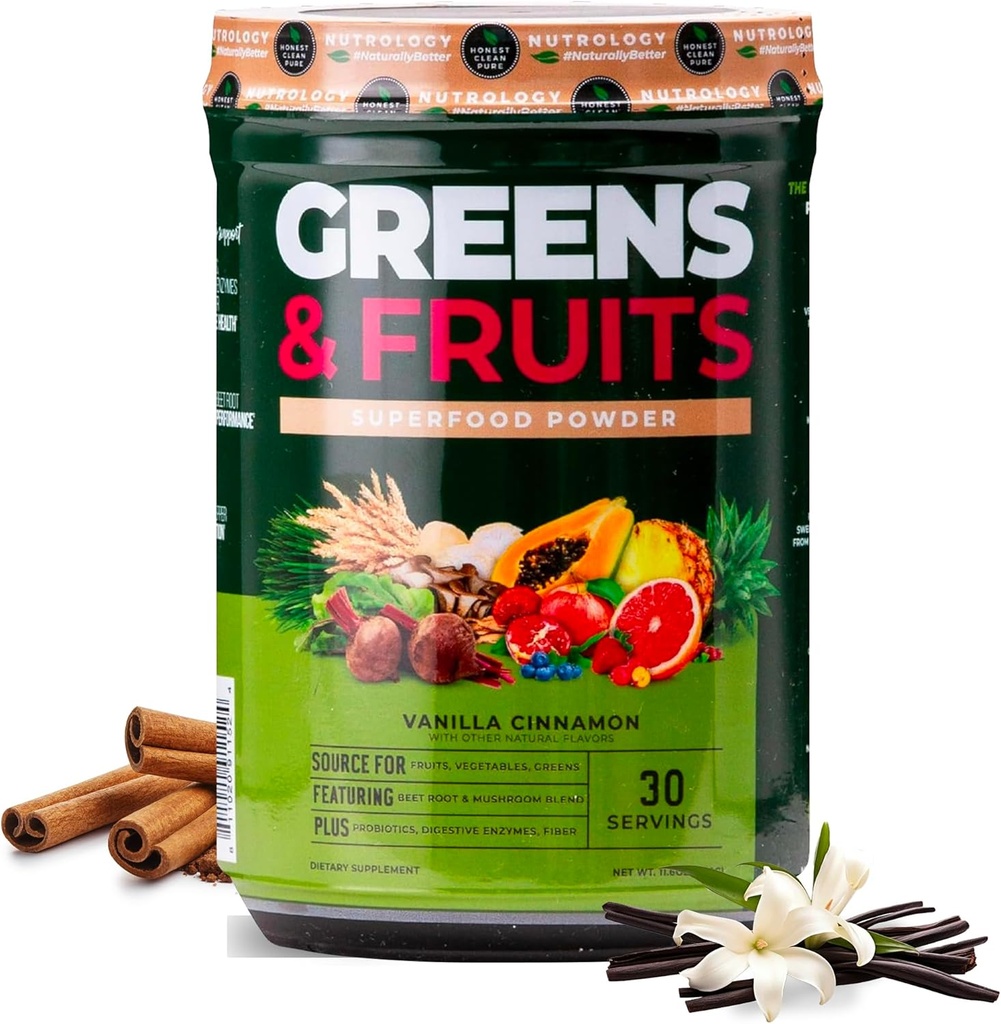 Nutrology Πράσινα & Φρούτα Σκόνη-φυσικά πηγάζει Superfood, Σκόνη τεύτλων, Mushroom Blend, Προβιοτικά, Digestive Ένζυμα, Ίνες, Αντιοξειδωτικά, Ανοσοποιητική Υποστήριξη, Χωρίς Γλουτένη - Βανίλια Κανέλα