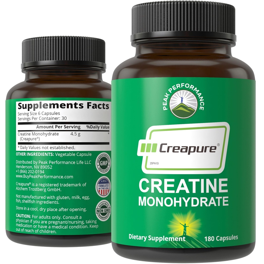 Creapure Creatine Monohydrate 180 Capsules - Ultra High Purity German Made Creatine with Nothing Added at All - Pure Unflavored Pills for Men & Women - No Sugar, Non-GMO, Vegan Friendly Supplement