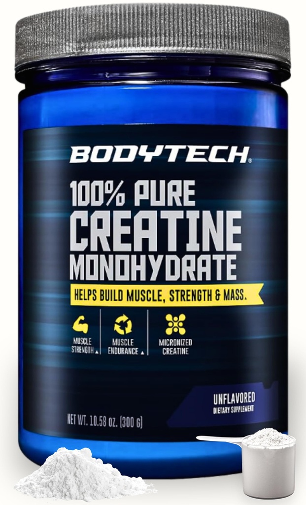 BodyTech Creatine Monohydrate Powder, Unflavored Micronized Creatine Formula for Men and Women, 5g per Serving, Pre Workout & Post Workout Supplement, Gluten Free, Sugar Free, 10.58 Oz, 60 Servings