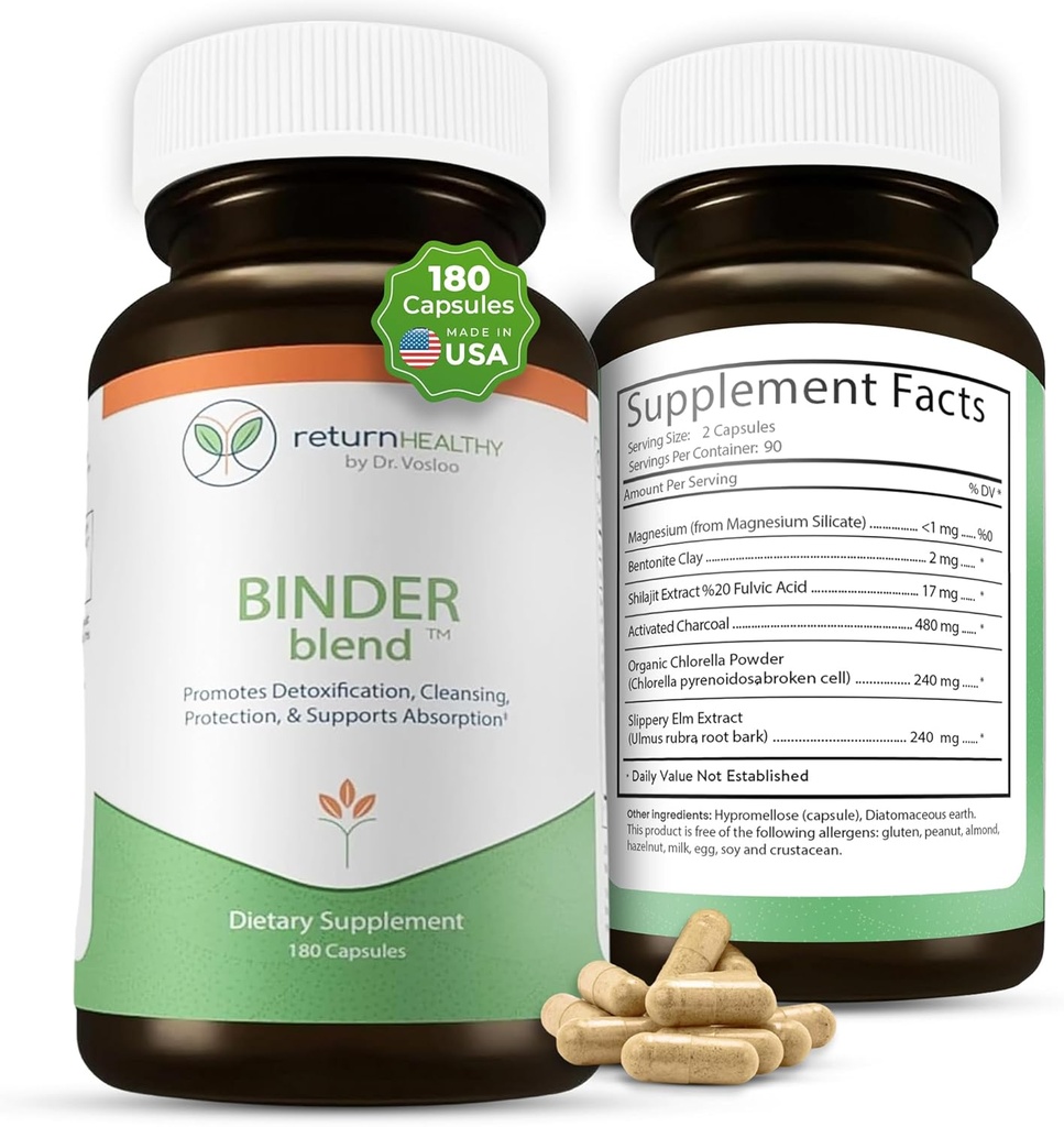 Binder Blend - Toxin Binder Supplement, Κάψουλες Detox για ένα υγιές έντερο - 180 κάψουλες - 90 Σερβιέτες - 960mg Ενεργοποιημένο Ανθρακό & 480mg Βιολογικό Chlorella - Ανακούφιση - Πηλός Μπεντονίτη