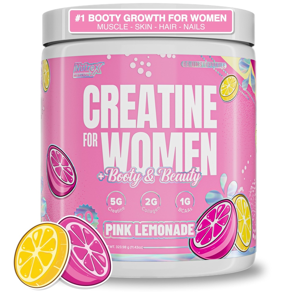 Nutrex Research Creatine for Women Booty & Beauty – Pink Lemonade | 5g Creatine, 2g Collagen, BCAAs & Hyaluronic Acid | Gluten Free, 30 Servings