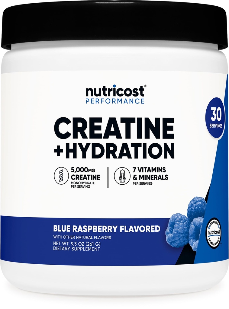 Nutricost Creatine Monohydrate + Hydration Blue Raspberry Flavored (30 Services) - 7 Βιταμίνες & Ορυκτά, 5000mg Creatine Per Serving