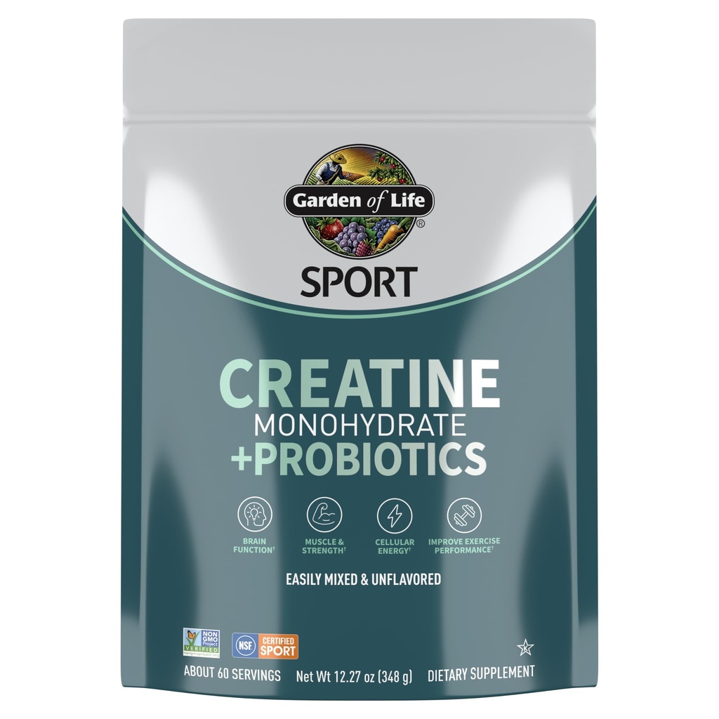 Creatine Monohydrate Powder for Women and Men by Garden of Life, Micronized Pre Workout with Probiotics for Muscle, Strength, Performance, Sport Amino Energy, About 60 Easy to Mix Unflavored Servings
