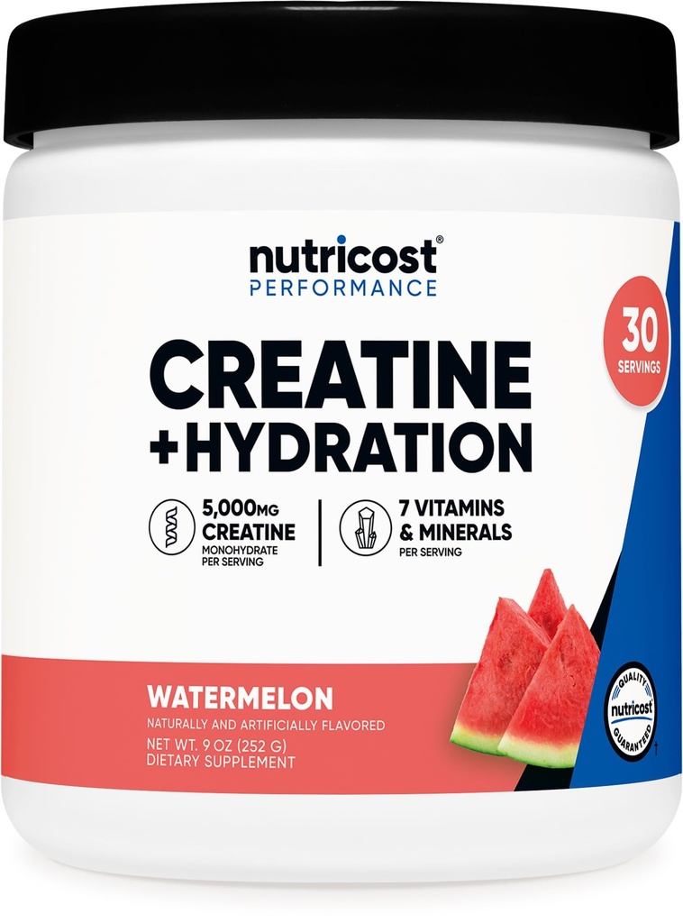 Nutricost Creatine Monohydrate + Hydration Watermelon Flavored (30 Services) - 7 Βιταμίνες & Ορυκτά, 5000mg Creatine Per Service