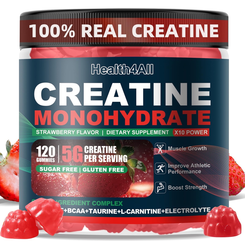 Health4All Creatine Monohydrate Gummies 5g for Men & Women, Creatine Gummy for Strength Energy & Muscle Growth Support Pre-Workout Supplement - Strawberry 120 Gummy