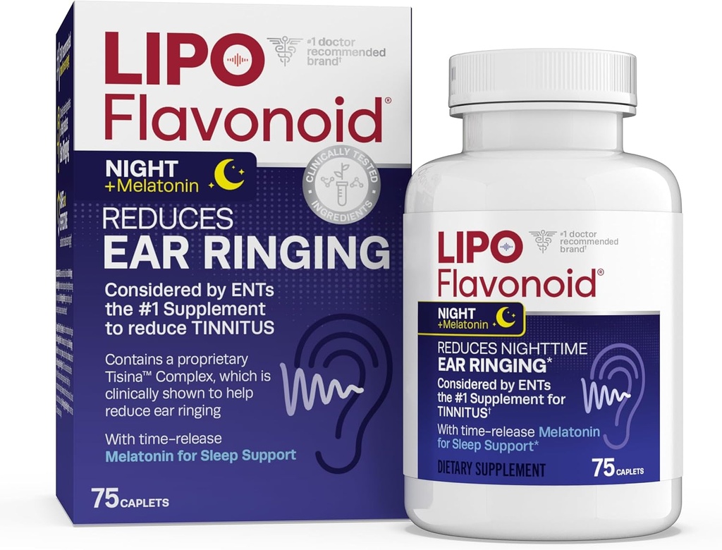 Lipo-Flavonoid Nighttime PM για Εμβοές Relief - Sleep Aid με Μελατονίνη, Βιοφλαβονοειδή, & Βιταμίνη C - Ringing in The Ears, Ear Health, & Relaxation - Χρήση με Lipo-Flavonoid Plus - 75 Caplets