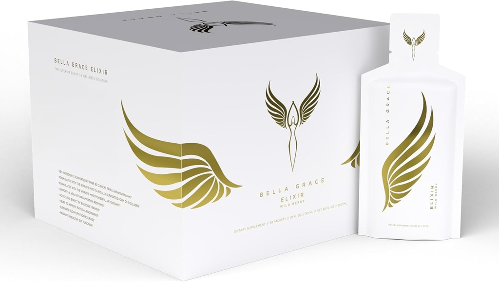 Bella Grace Elixir Collagen Peptides συμπλήρωμα για την περιποίηση του δέρματος & την υγεία με Verisol Collagen, AstaReal Ασταξανθίνη, και Claw της γάτας, Υποστηρίζει Collagen αναγέννηση, Αντιοξειδωτική προστασία, 30 Υπηρεσίες