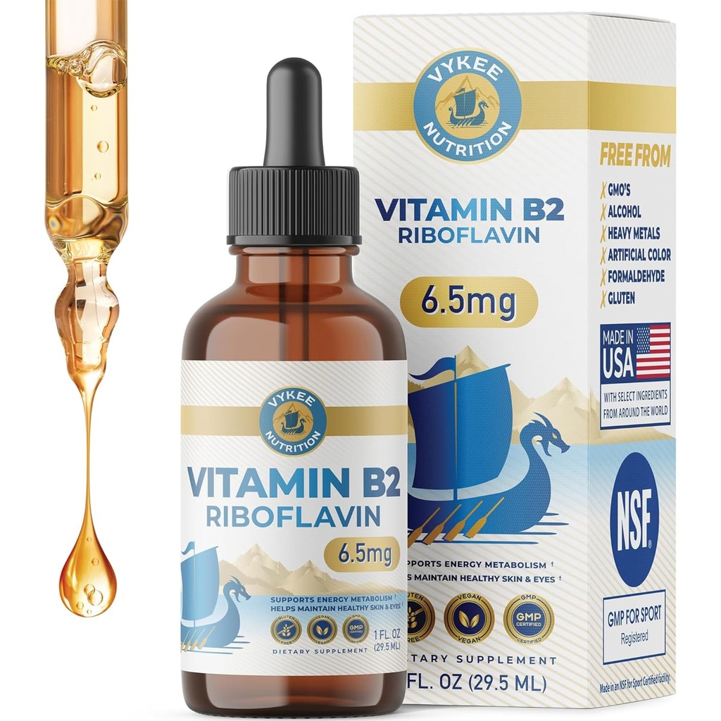 Vykee Nutrition Vitamin B2 Riboflavin Drops - Liquid B2 Supplement for Energy Metabolism, Cellular Function and Vision Support - Vegan, Non-GMO, Gluten-Free, GMP Certified - 6.5 mg, 30 Servings