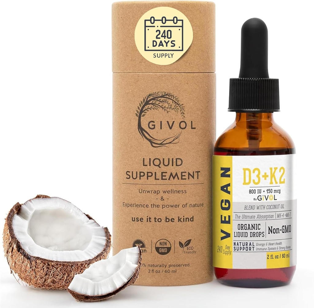 Βιταμίνη D3 + K2 Υγρές σταγόνες (MK4 & MK7) Βιολογικό κλασματοποιημένο έλαιο καρύδας, φυτικής προέλευσης, χωρίς γλουτένη, χωρίς γαλακτοκομικά, χωρίς σόγια, χωρίς καρύδες - Υψηλής ισχύος, που προέρχεται από την Lichen & Natto, 2oz 240 Ημέρες προσφοράς