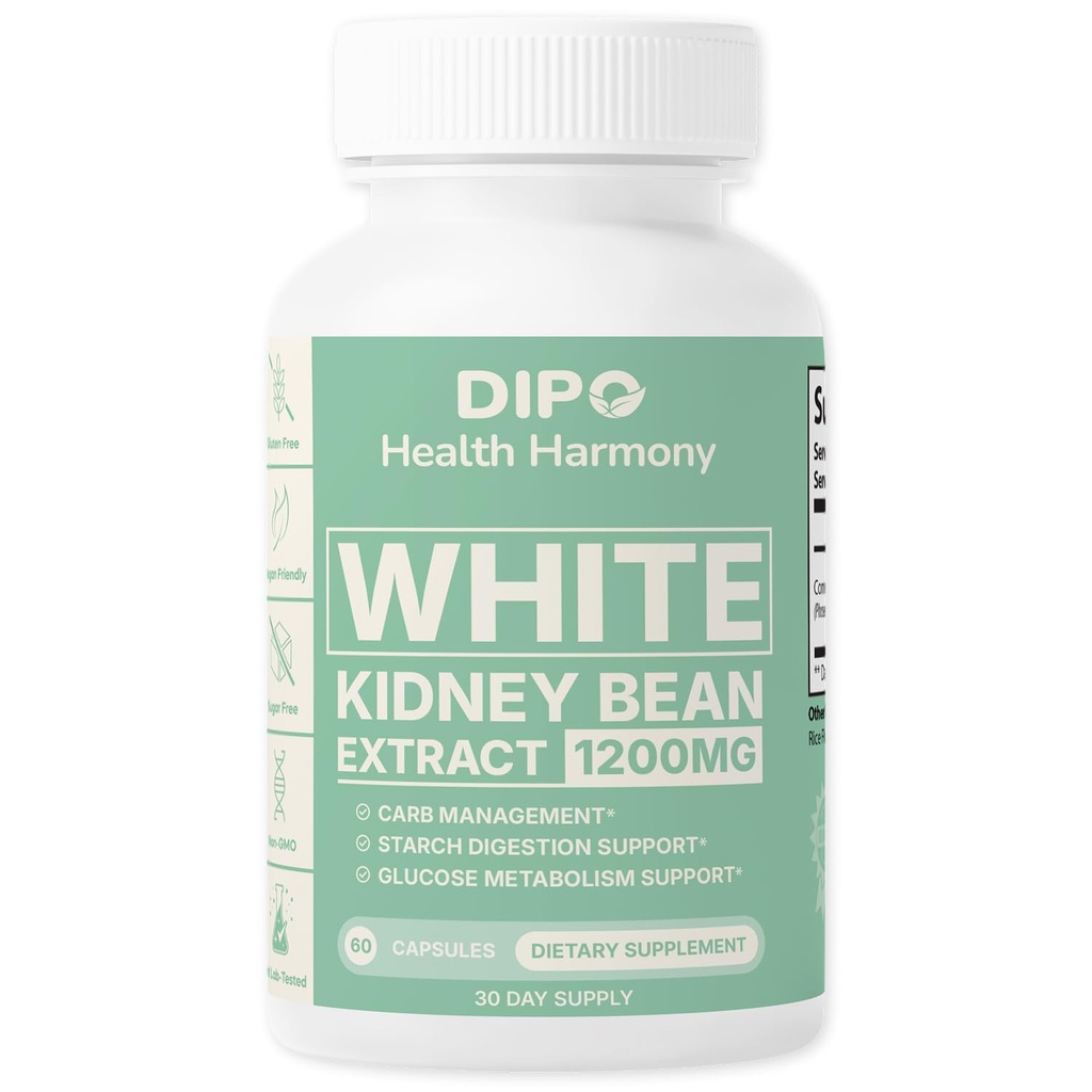 DIPO White Kidney Bean Extract Carb Blocker, 1200mg per Serving for Metabolism Boost & Ease Calories from Starchy Food - White Kidney Beans Supplement, Carb Control Supplements - 60 Vegan Capsules