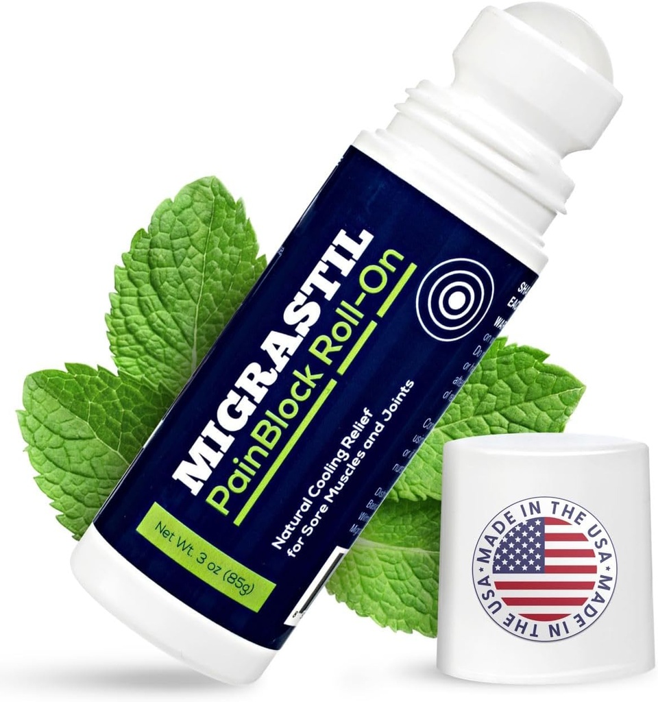 Basic Vigor Migrastil PainBlock Roll-On, 3 oz - Topical Roll-On for Muscle Aches, Cramps, Joint & Nerve Discomfort. Δουλεύει τέλεια στους ώμους, στο λαιμό, στα πόδια, στα γόνατα, στα πόδια, στην πλάτη, στους αγκώνες, στα HIPS, Etc.