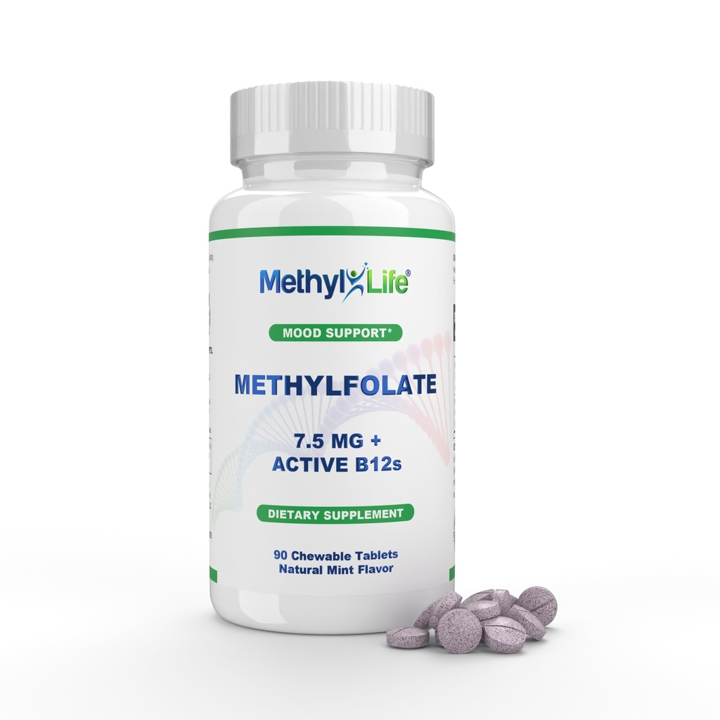 Methyl-Life® Pure L-Methylfolate 7.5mg + Vitamin B12 (Hydroxy B12 & Adenosylcobalamin) | Active 5-MTHF Calcium with Cerebrofolate® | Vegan, Non-GMO, Gluten-Free | 90 Chewable Tablets