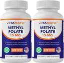 Vitamatic Methyl Folate 15 mg, 120 Vegetarian Capsules - 2 Pack | Metabolically Active Form of 25000 mcg DFE Folate, Non GMO, Gluten Free, Made in USA
