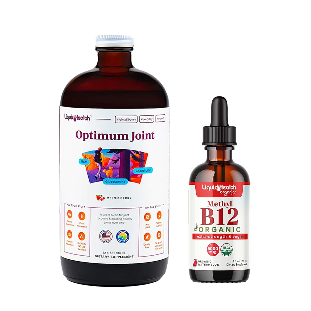 LIQUIDHEALTH Optimum Joint Liquid Supplement & Organic Methyl B12 5000mcg Vitamin Drops with Tart Cherry Juice for Immune Support, Bone & Joint Health, Naturl Energy Boost, Improved Focus & Memory