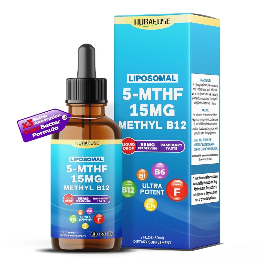 Liposomal 5-MTHF 15mg & Methyl B12 Liquid Drops – 96mg per Serving, Ultra Potent, Raspberry Taste – 2 FL OZ (60ml)