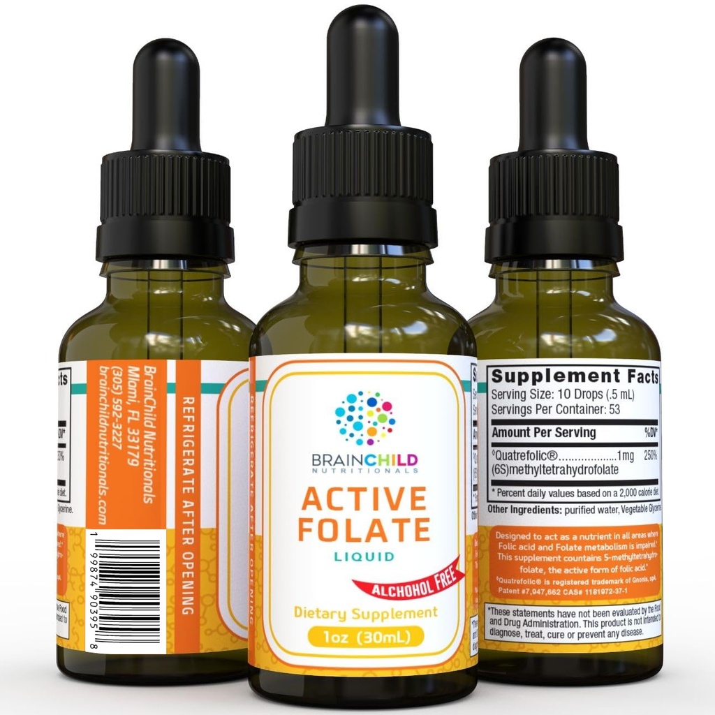 BrainChild Nutritionals Active Folate Pure Liquid Extract Supplement - L-Methylfolate for Better Absorption, Improve Cellular Function, Support Immune System, Water Soluble B Complex, 1oz