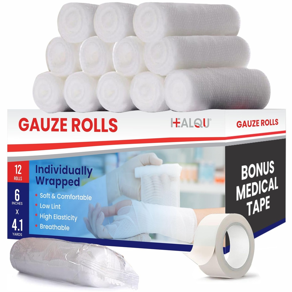 HEALQU Premium Gauze Rolls - 6' x 4.1 Yards - 12 Rolls, Individually Wrapped Conforming Stretch Gauze Bandage - Super Soft Woven Stretch Bandages for Primary Wound Dressing Support